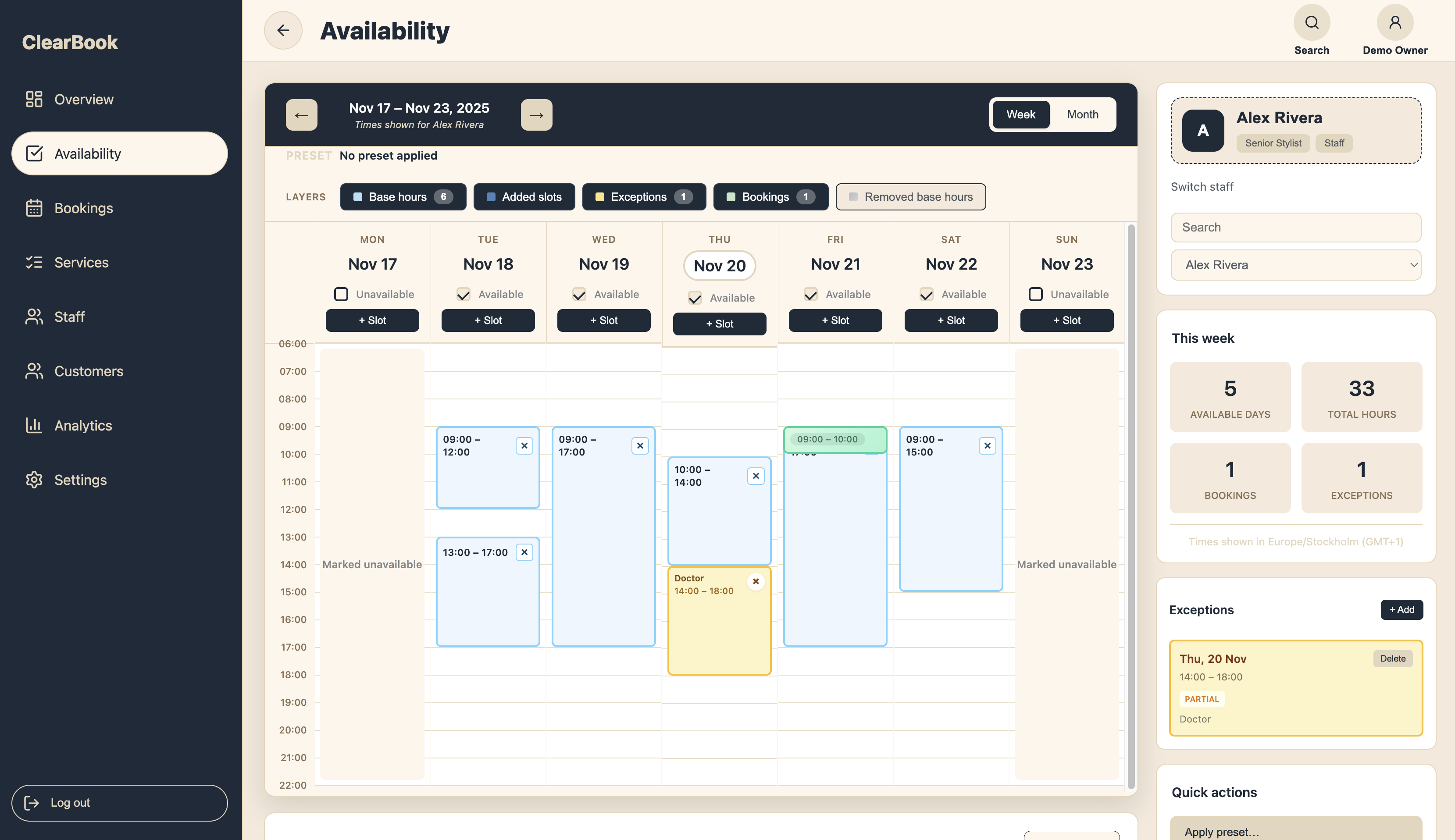 Weekly availability planner