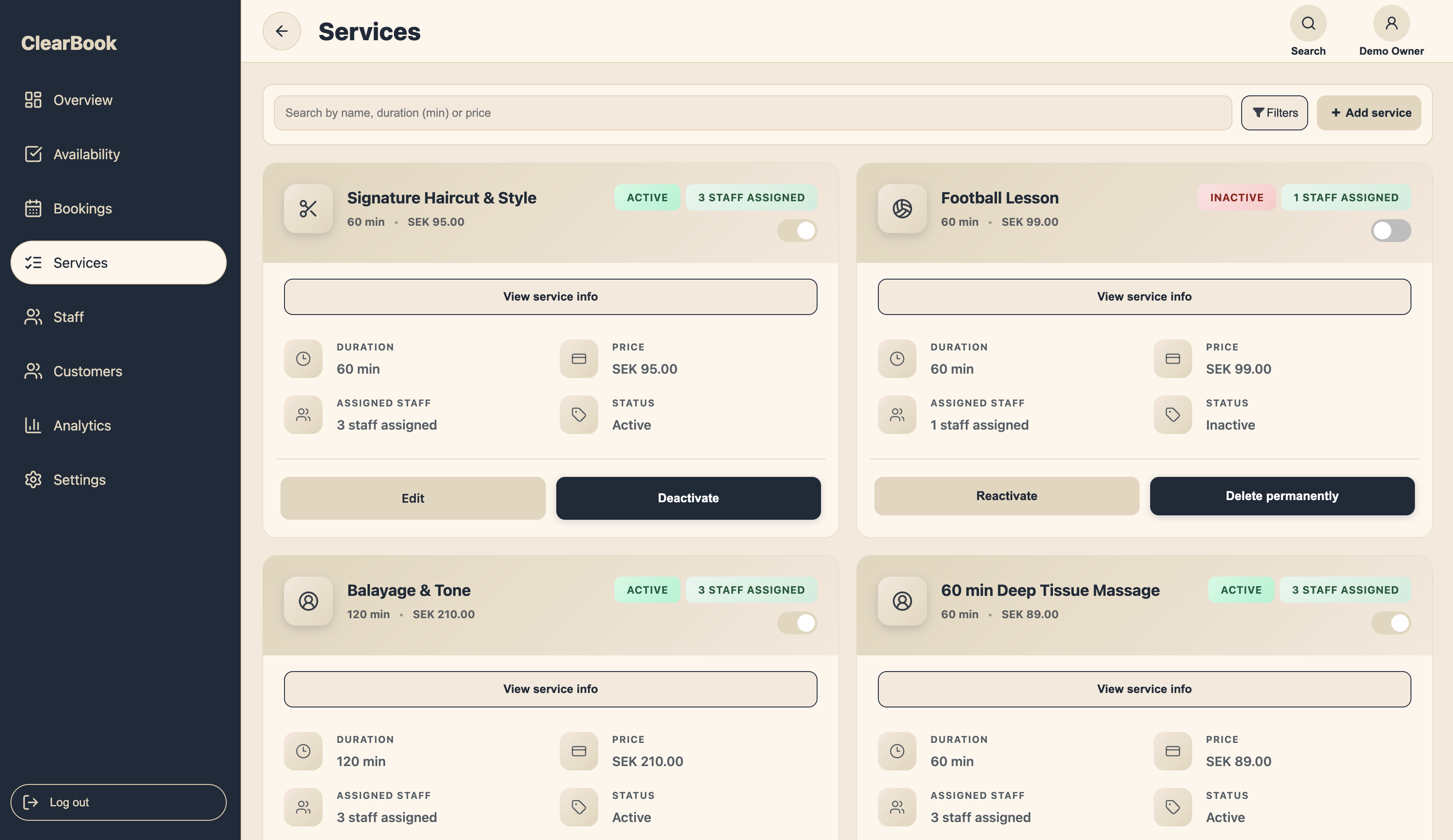 Service catalog with filters